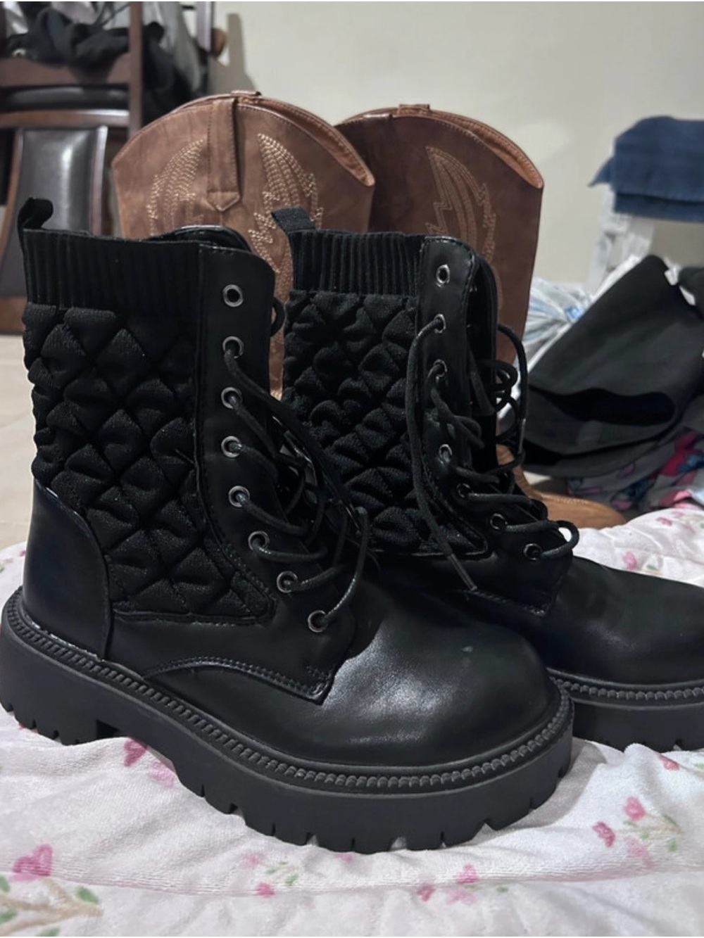 Women's Black Quilted Lace-Up Combat Boots